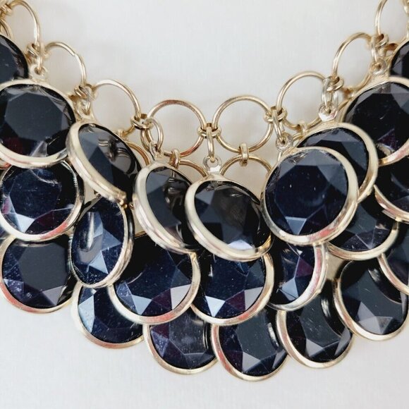 Faceted Black Acrylic Discs Statement Necklace Faux Glass Gold Tone 20" VGC - Picture 4 of 10
